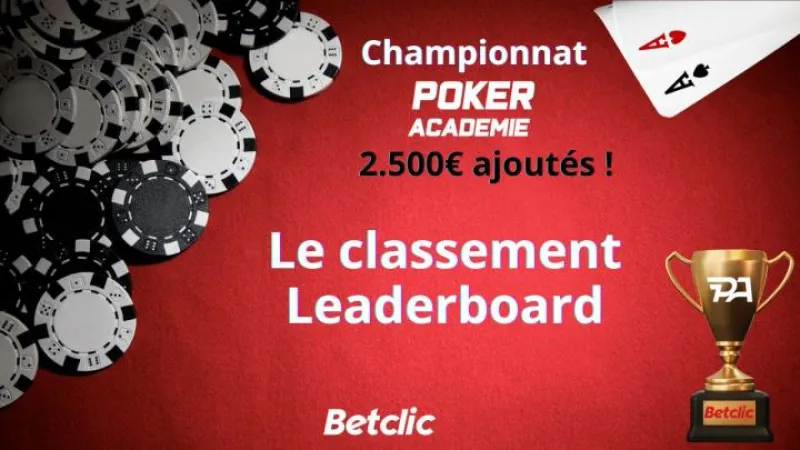 Classement Leaderboard du Championnat Poker Académie sur Betclic : 2.500€ ajoutés !